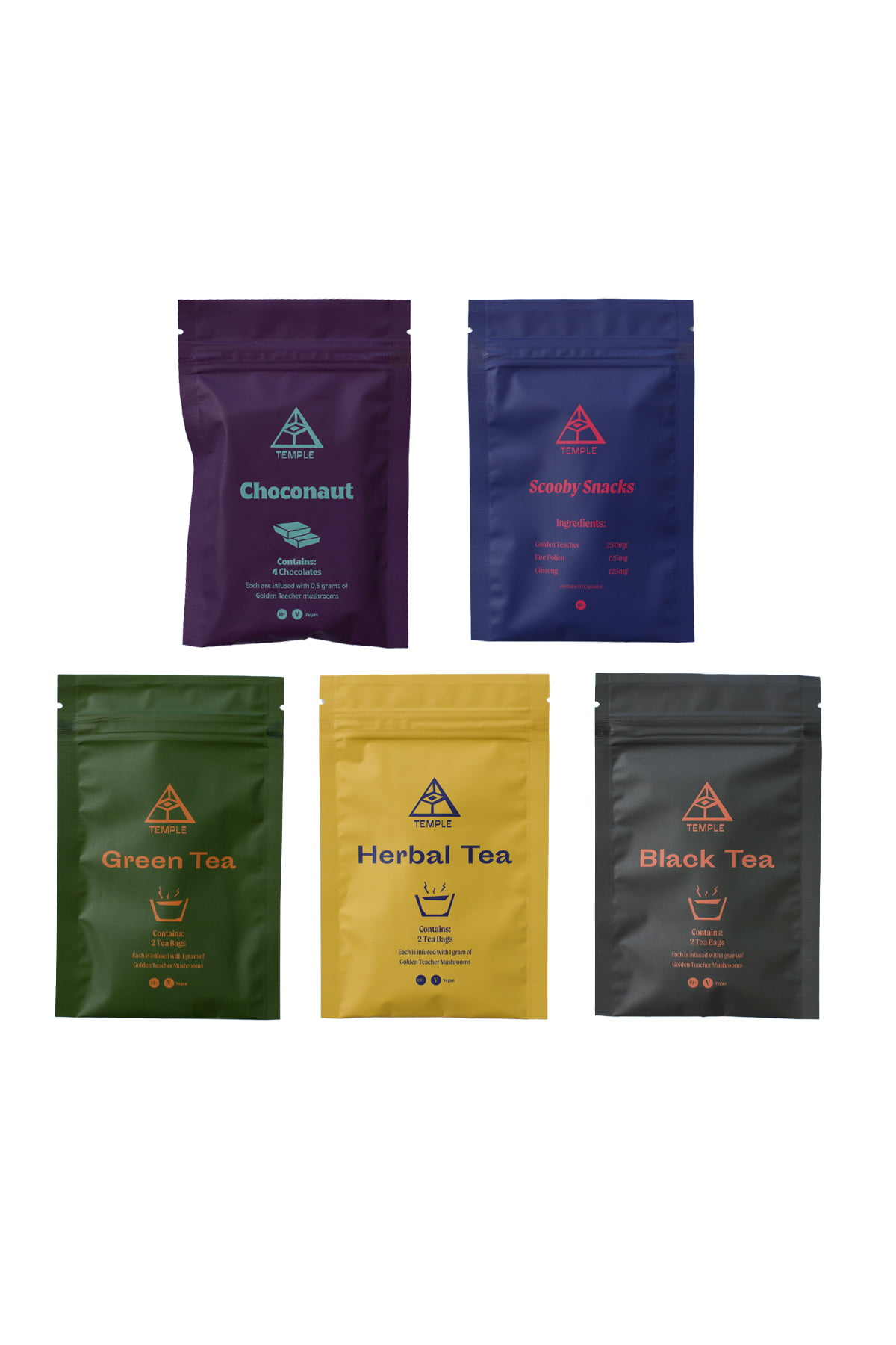 Buy Temple Teleport Sample Pack (20 Pieces of Magic Mushroom Tea + Chocolate ChocoNaut + Scooby Snacks) Online | Magic Mushrooms Dispensary